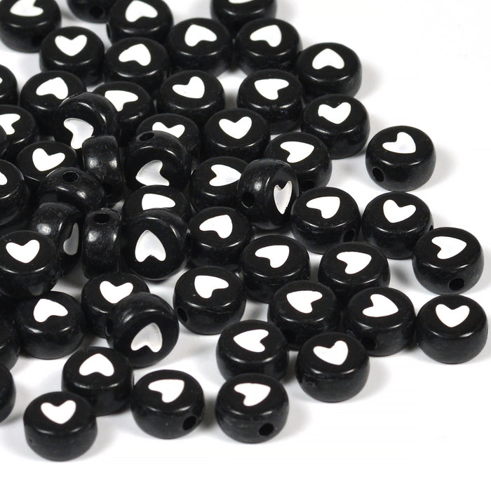 Heart beads, black-white, 100 pcs