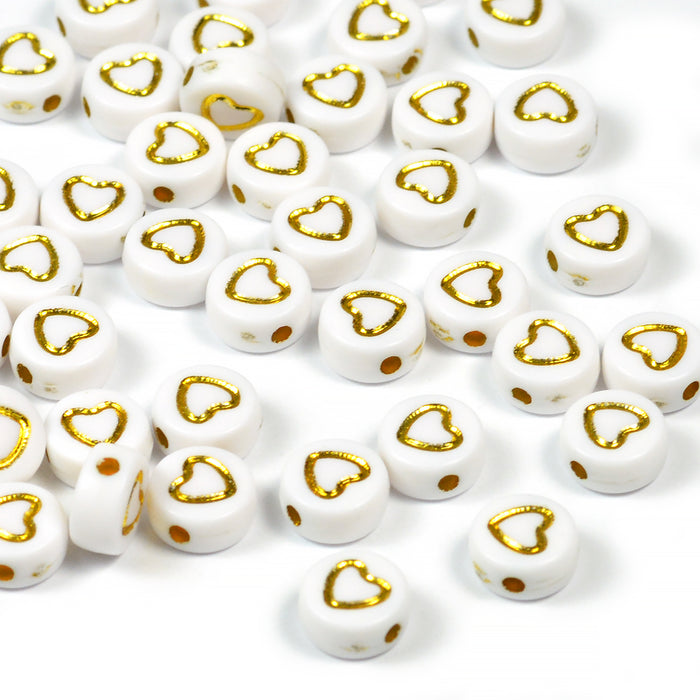 White pearls with gold heart outline, 100 pcs