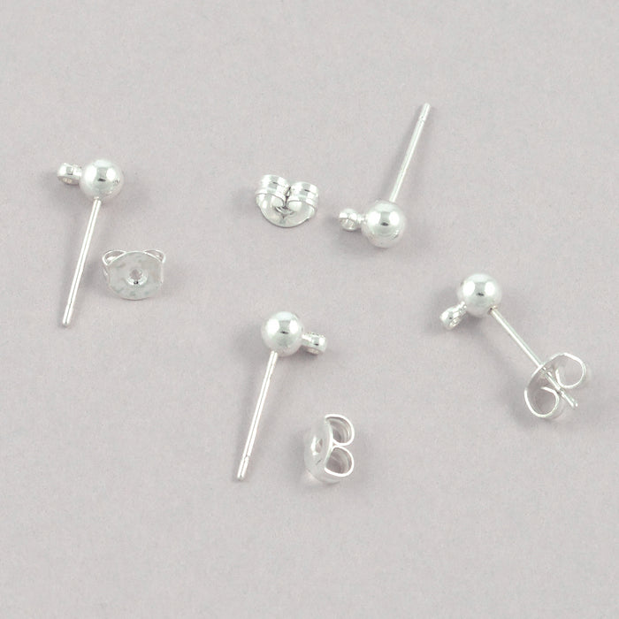 Ear studs with ball, silver, 4 pcs