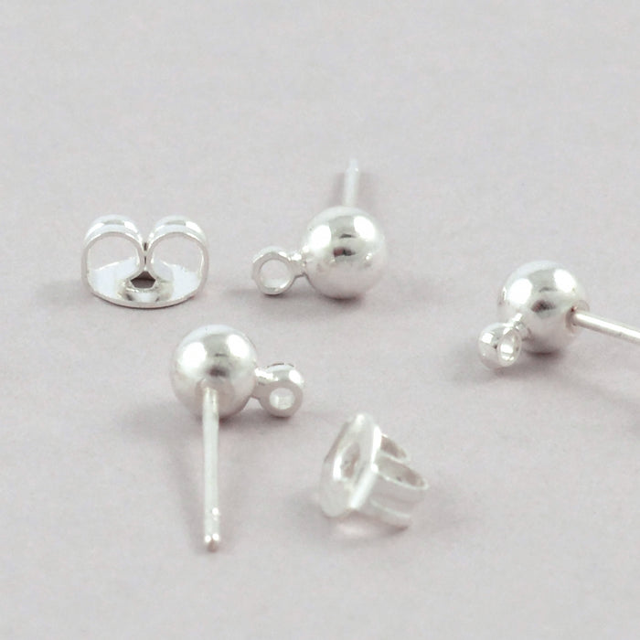 Ear studs with ball, silver, 4 pcs