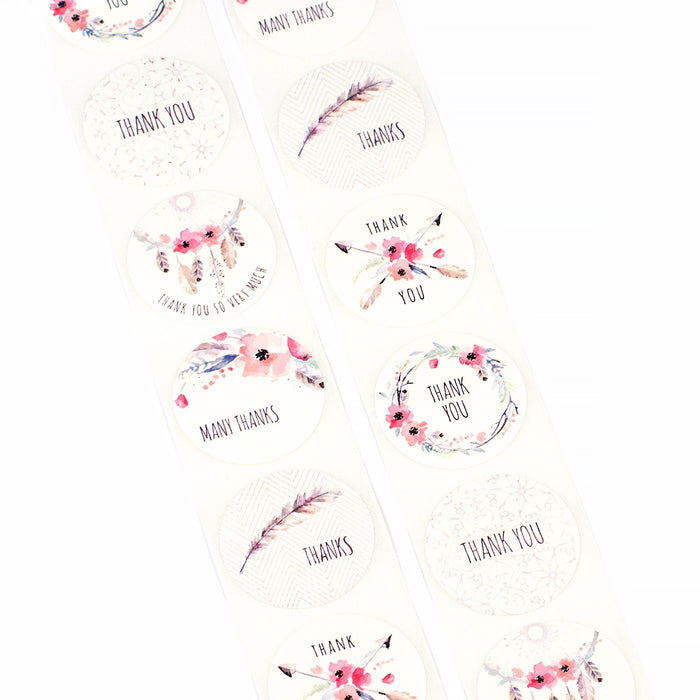White stickers with flowers "thank you", 25mm, 24pcs