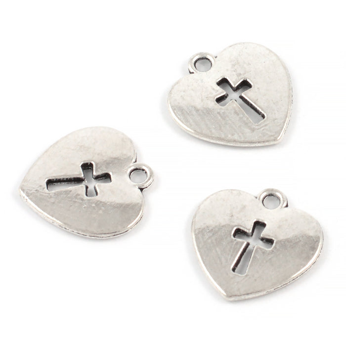 Charm, heart with cross, antique silver, 16mm, 10pcs