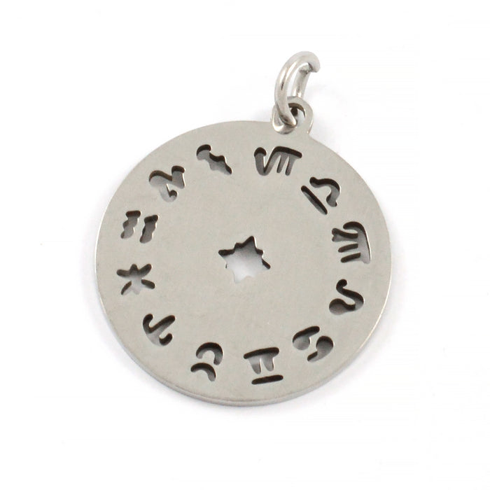 Round charm with star sign, stainless steel, 19mm, 1pc