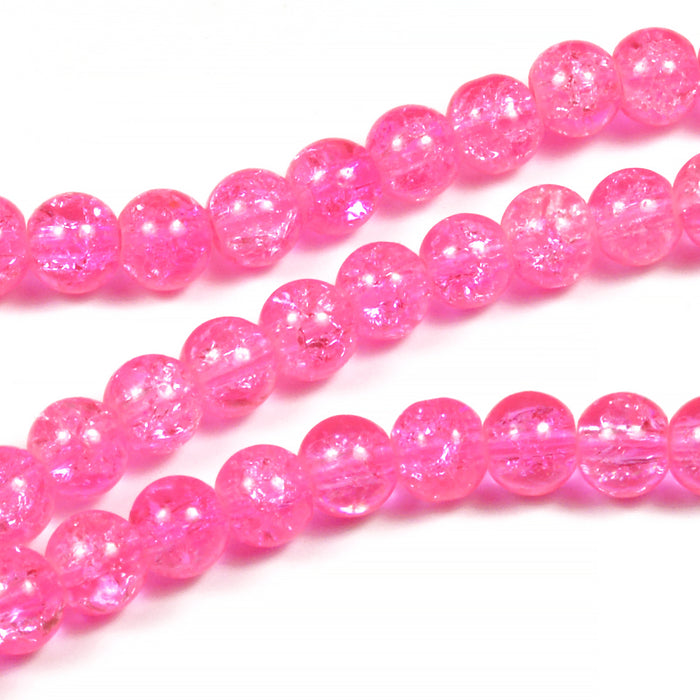 Crackled glass beads, bright pink, 6mm