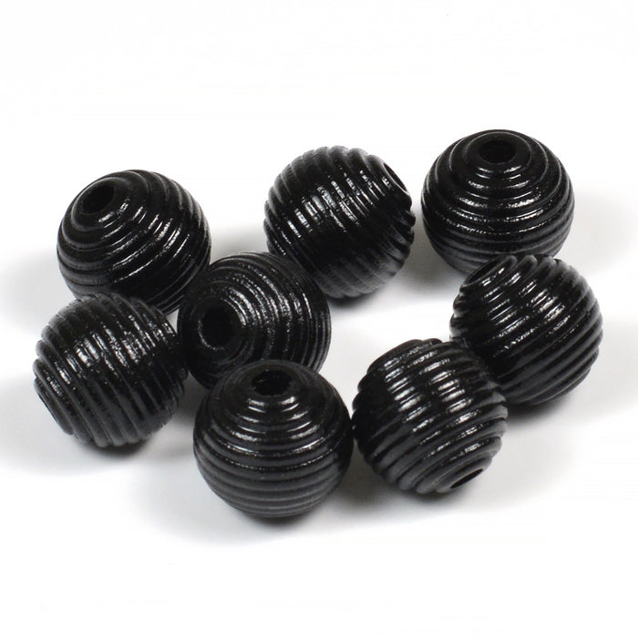 Grooved wooden beads, 14mm, black, 16pcs