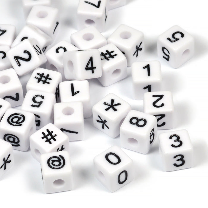 White number beads, cube, 10mm, mixed
