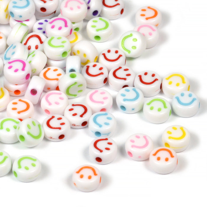 White beads with emoji, color mix, 100 pcs