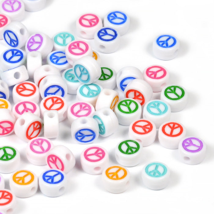 White beads with peace sign, color mix, 100 pcs
